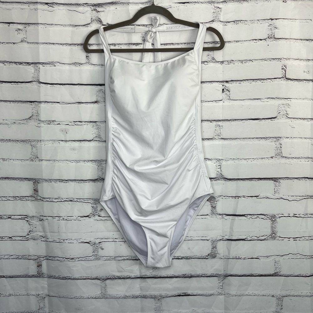 Tempt Me White Ruched Bodysuit OnePiece Swimsuit Women’s XXL Scoop Neck Tie Back